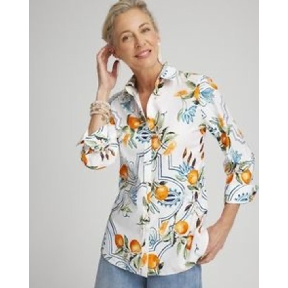 Italian Summer Chicos Orange Citrus Tile Print Button Up Shirt 3 XL Coastal